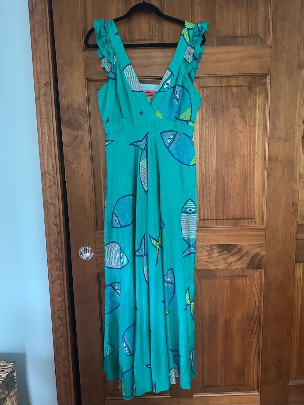 Teal Maxi Dress with Fish Print and Ruffle Straps